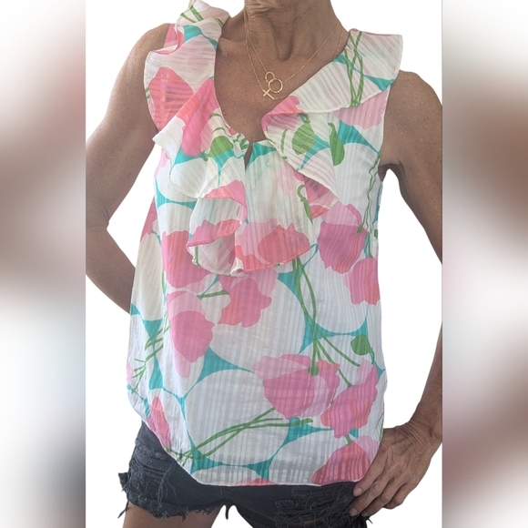 Lilly Pulitzer COTTON Ruffled Flirty Pink Green Floral Print Sleeveless Blouse S - Picture 1 of 15